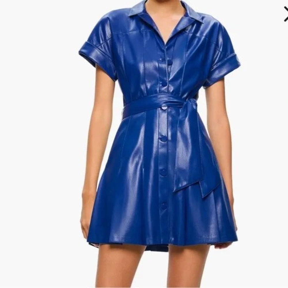 Alice + Olivia Royal Blue Faux Leather Shirt Dress Mini Belted Size‎ 10